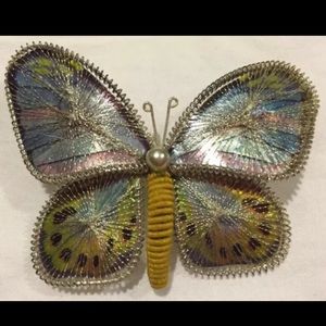 Vintage Spun Silver Butterfly Broach Pin Pearl Head  Webbed Colorful 2" Wide